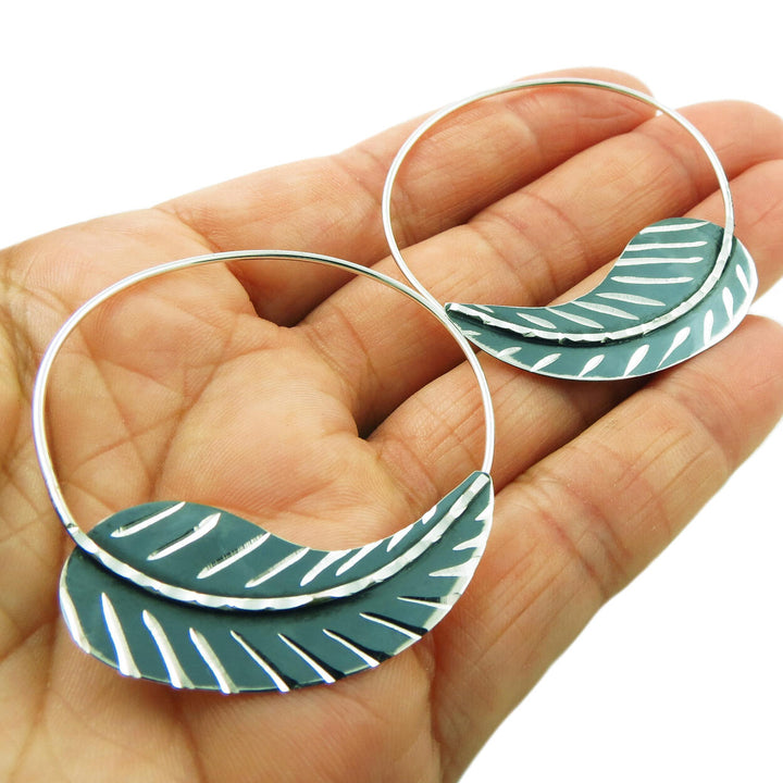 Large 925 Sterling Silver Circle Feather Pull Through Earrings