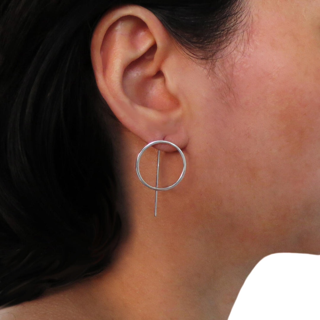 Modernist Circle 925 Sterling Silver Stick Drop Earrings