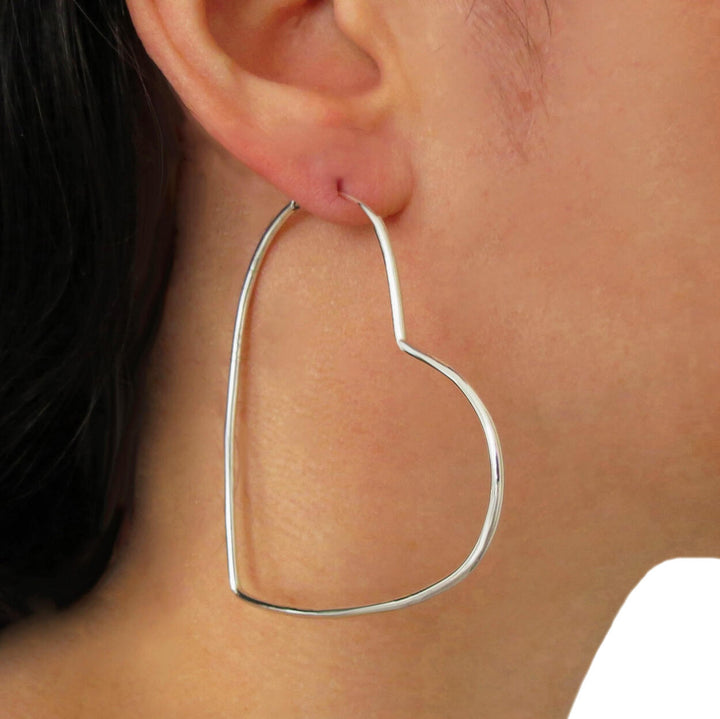 Large 925 Silver Heart Shaped Tube Hoop Earrings