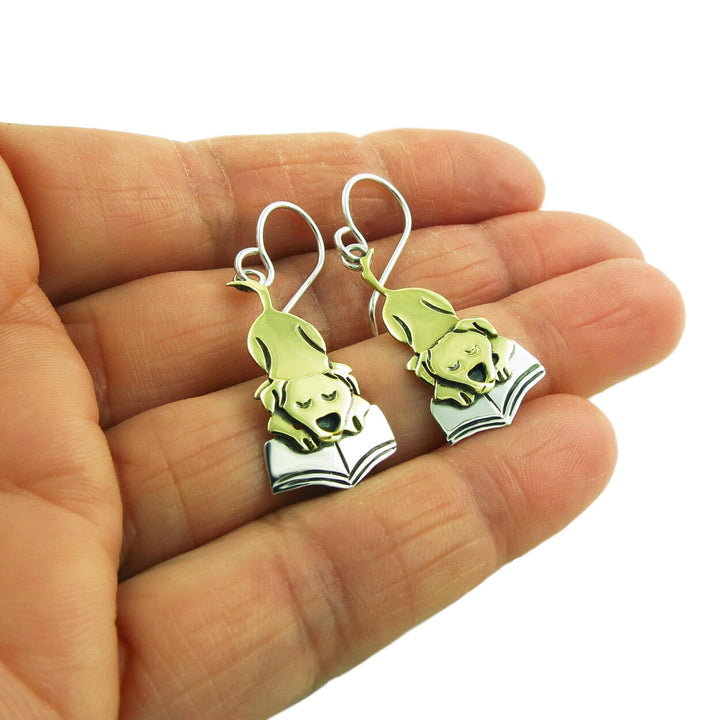 Labrador 925 Sterling Silver and Brass Dog and Book Earrings