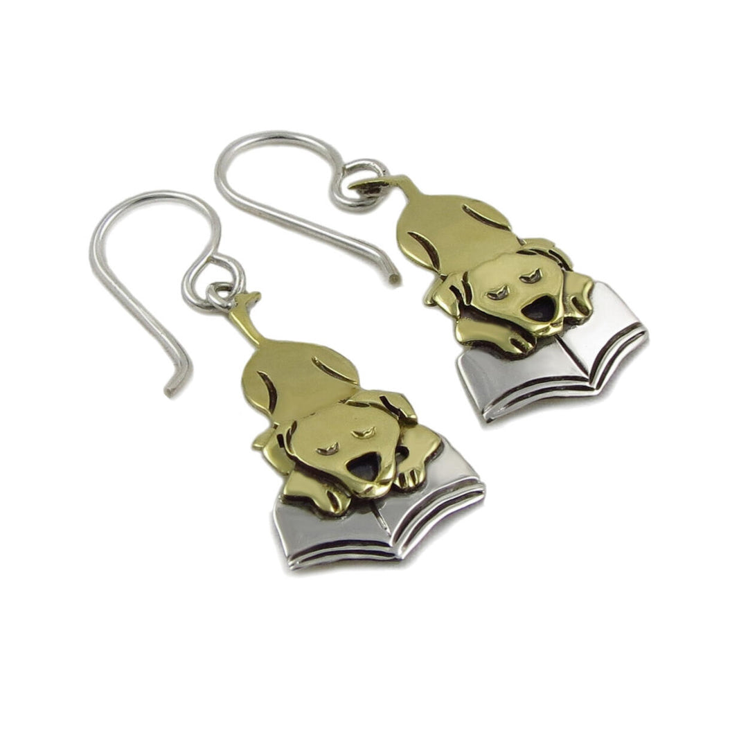 Labrador 925 Sterling Silver and Brass Dog and Book Earrings