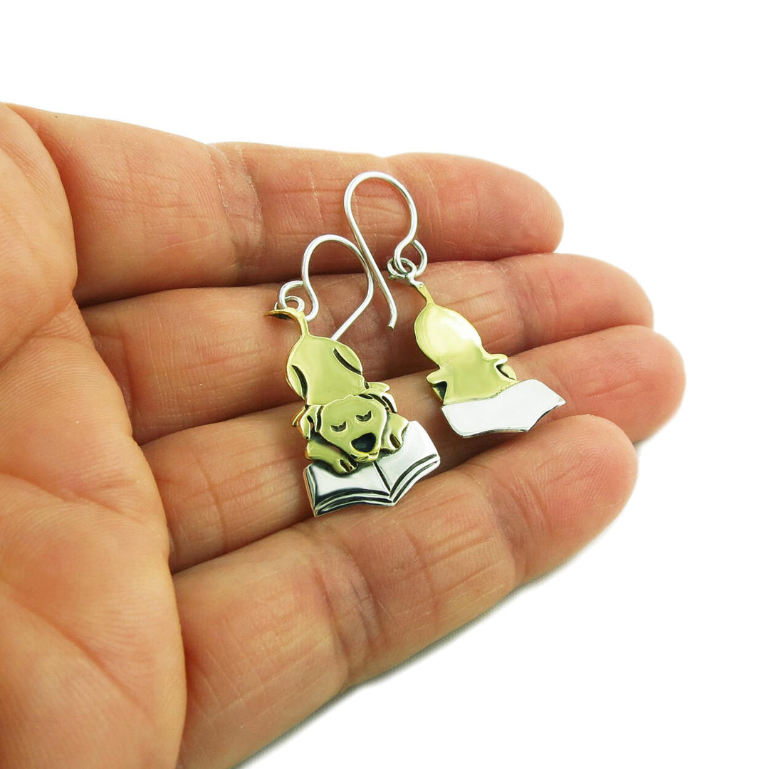 Labrador 925 Sterling Silver and Brass Dog and Book Earrings