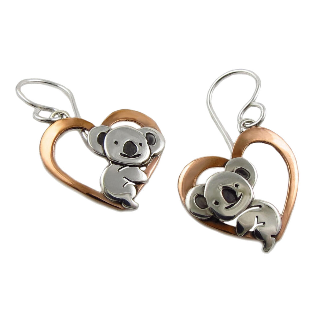 Koala Bear 925 Silver and Copper Heart Earrings