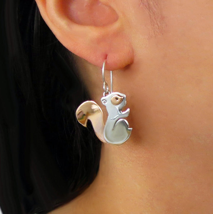 Squirrel 925 Sterling Silver and Copper Drop Earrings Gift Boxed
