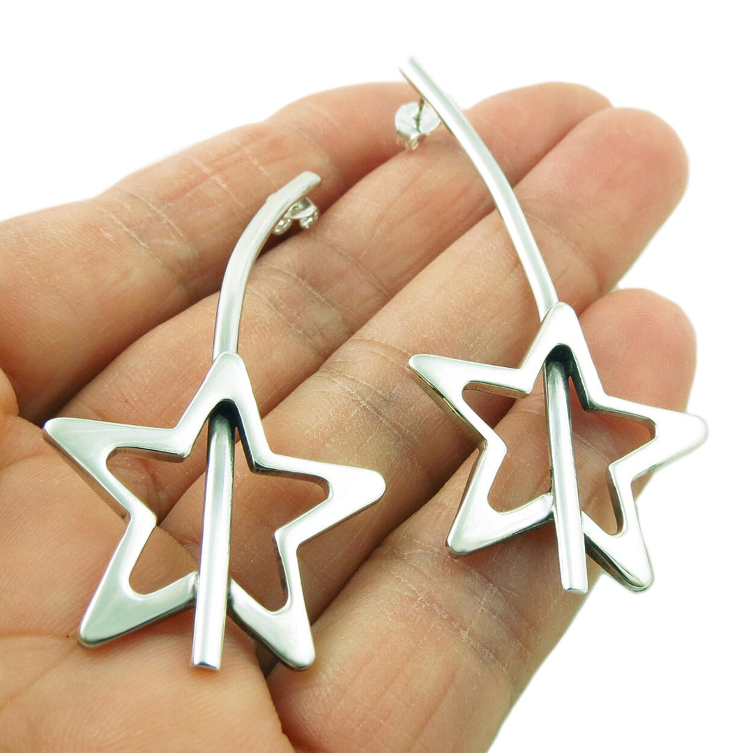 Long Celestial Star 925 Sterling Silver Stick Drop Earrings