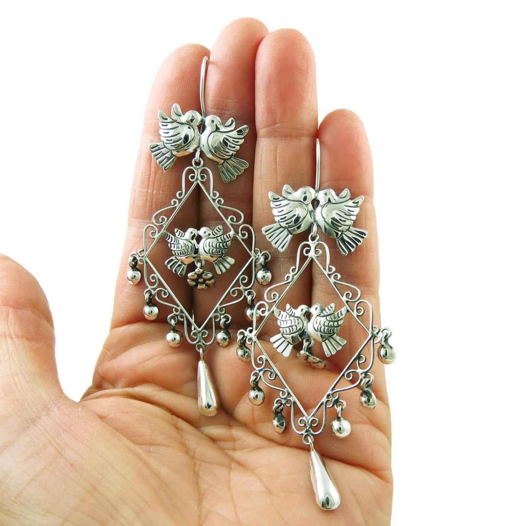 Maria Belen Handmade Designer 925 Sterling Silver Taxco Dove and Flower Drop Earrings