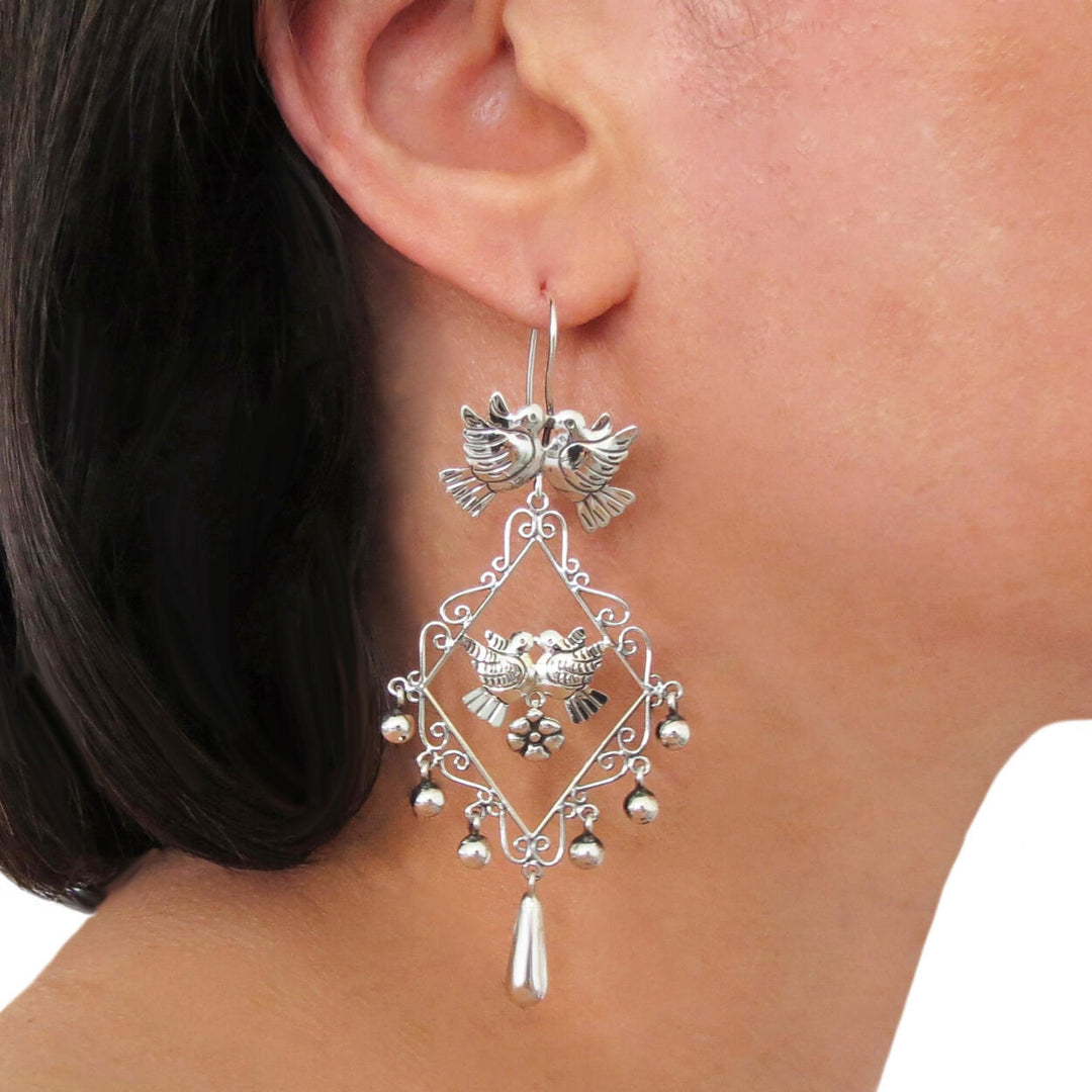 Maria Belen Handmade Designer 925 Sterling Silver Taxco Dove and Flower Drop Earrings