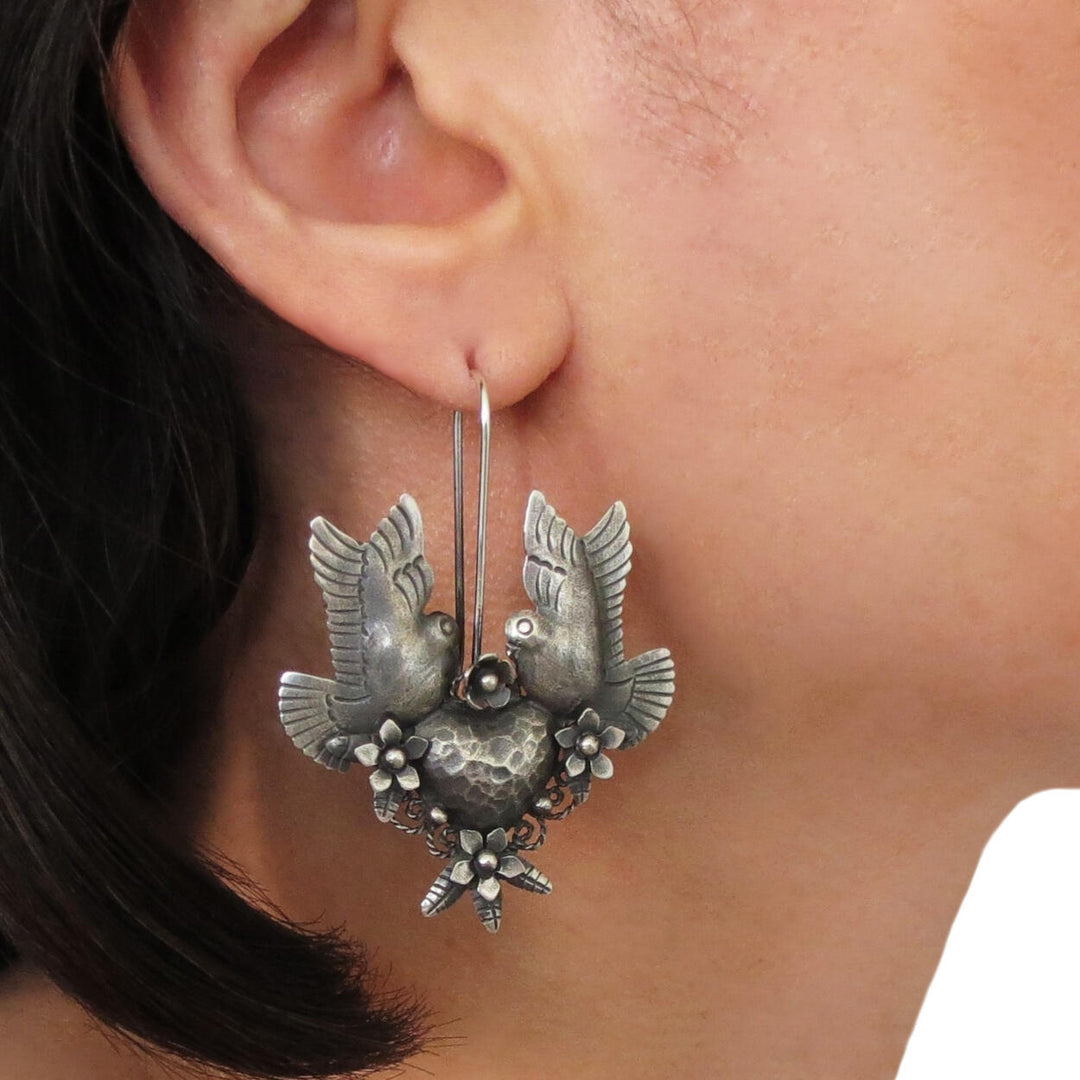 Maria Belen Taxco 925 Sterling Silver Dove, Heart and Flowers Chandelier Earrings