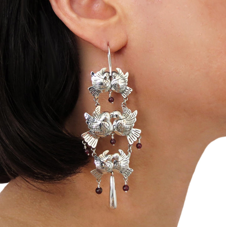 Long Maria Belen 925 Sterling Silver Love Bird Dove Chandelier Earrings