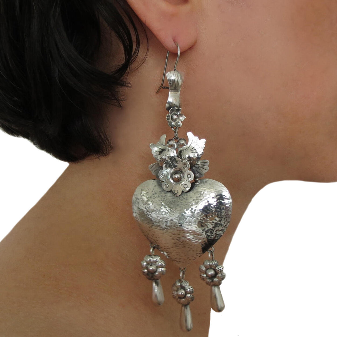 Large Hallmarked 925 Sterling Silver Handmade Heart Chandelier Earrings