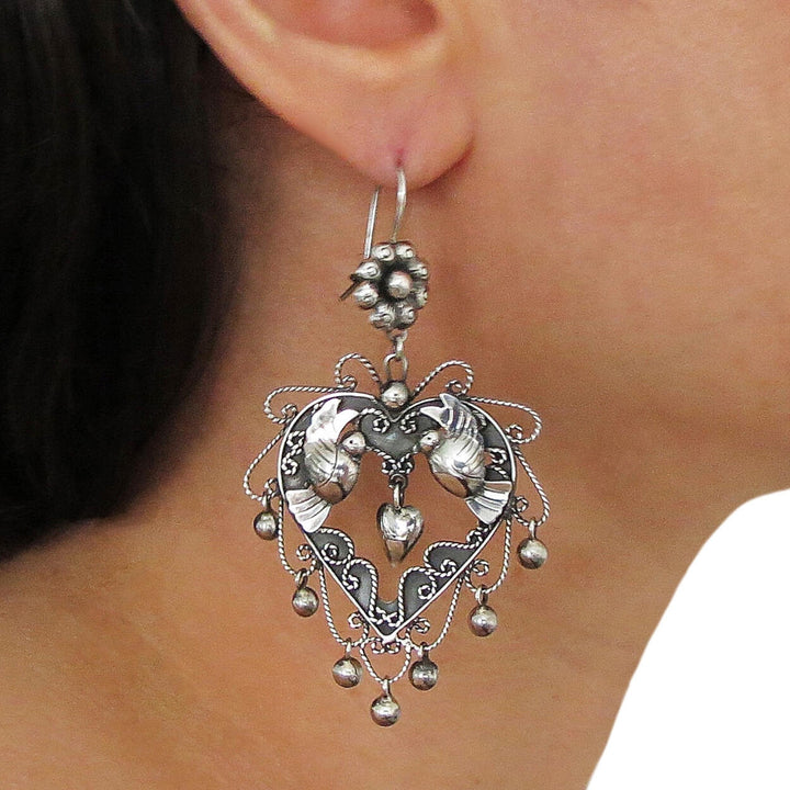 Large Love Heart 925 Sterling Silver Taxco Chandelier Earrings