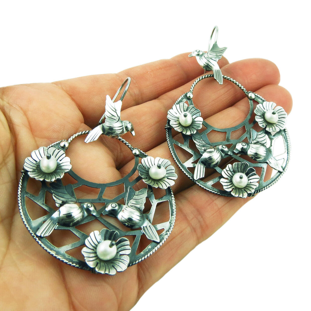 Large Lovebird Dove and Flower 925 Sterling Silver Taxco Earrings
