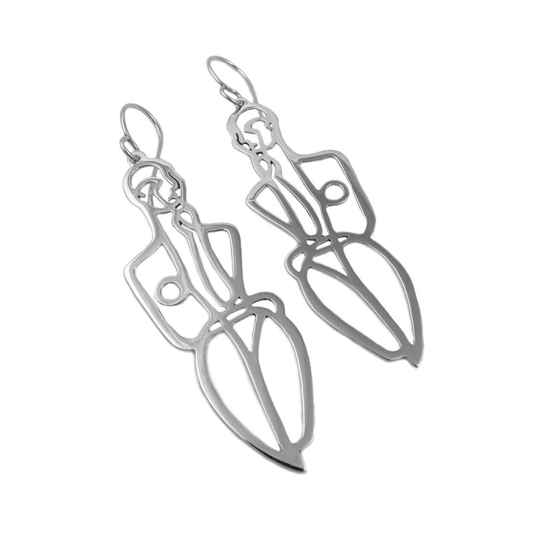 Large earrings in 925 sterling silver that feature silhouettes of the female body on a white background.  