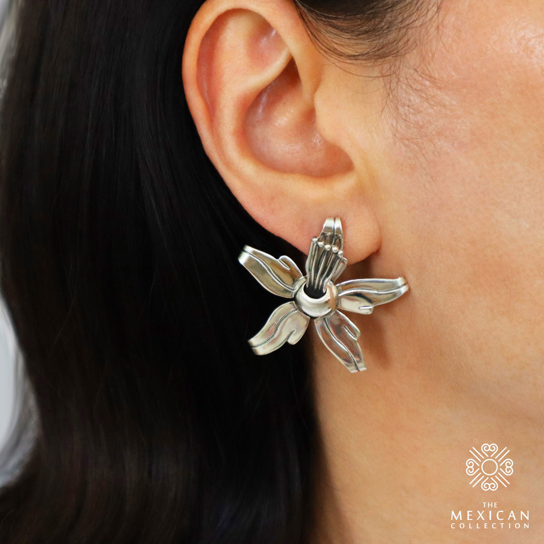 Sterling Silver Maria Belen Designer Orchid Flower Earrings