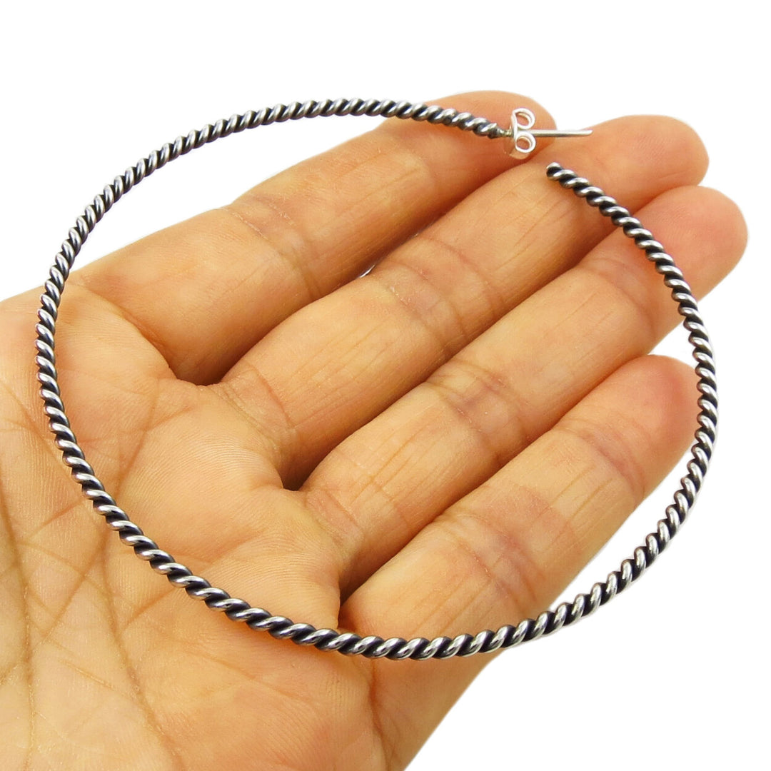 Large Sterling Silver Twisted Circle Hoop Earrings