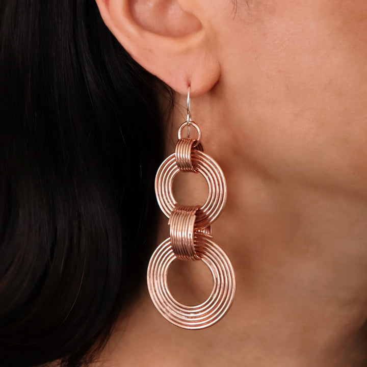 Heavy Circle Drop Solid Copper and 925 Silver Dangle Earrings