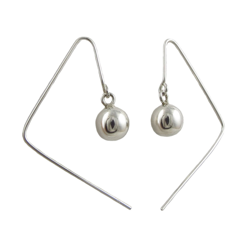 A pair of 925 sterling silver angled drop threader  earrings for women with ball beads on a white background. 