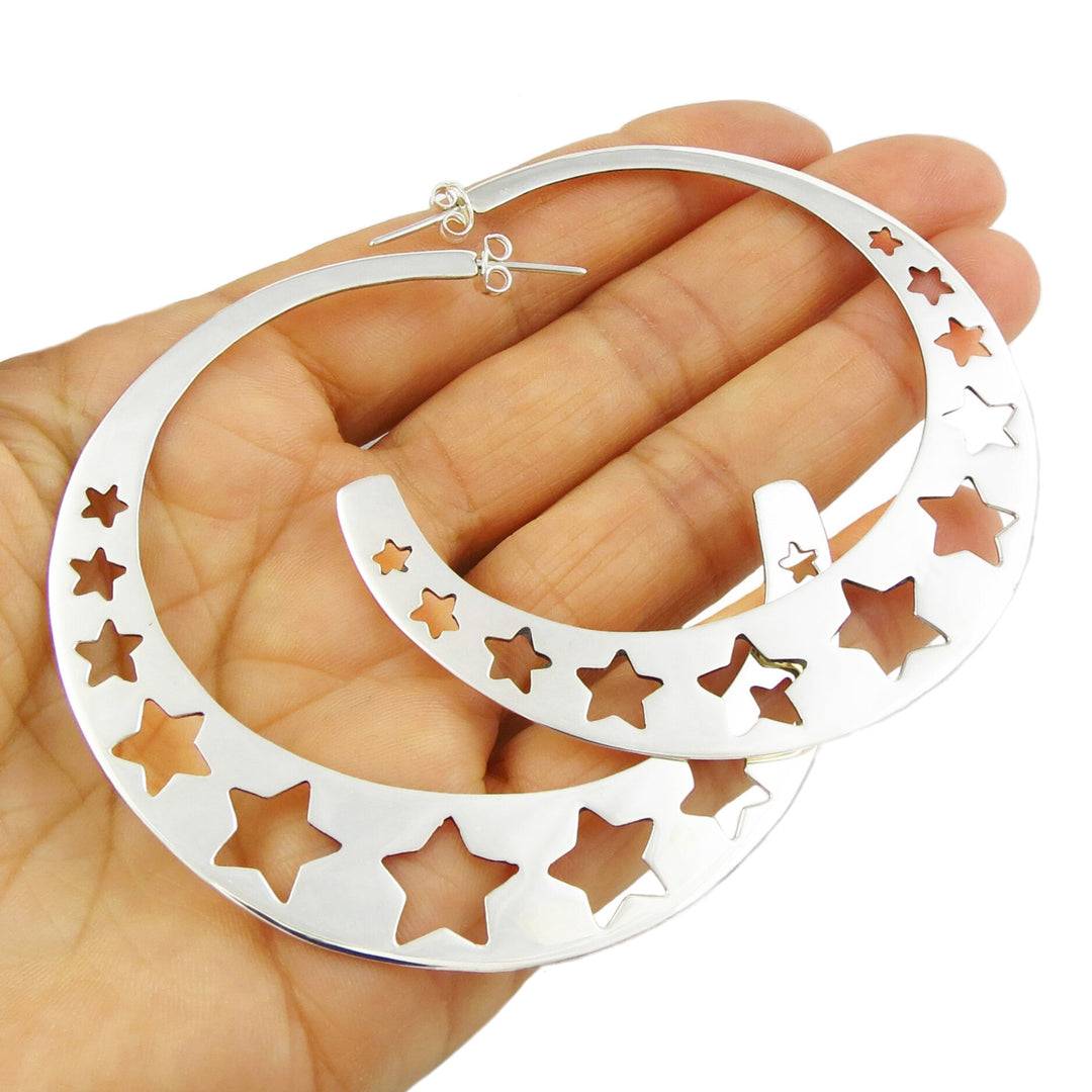 Large Star Hoop Sterling Silver Earrings