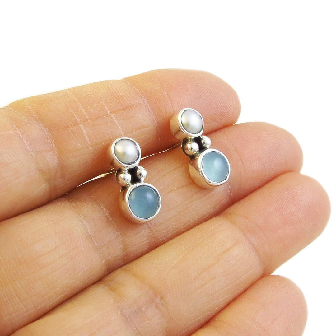 Blue Calcedony and Pearl 925 Silver Earrings