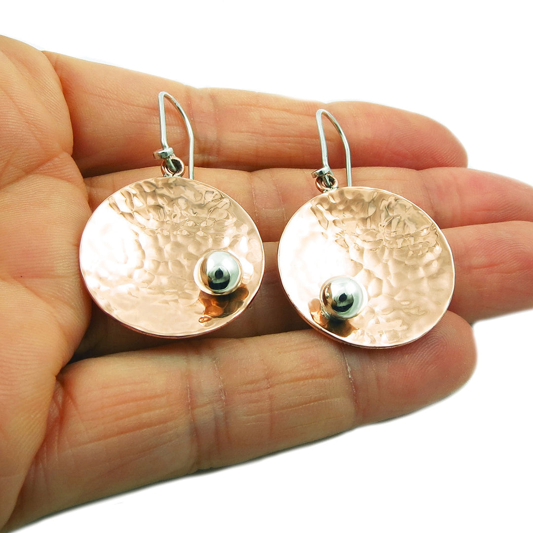 Handmade 925 Sterling Silver and Copper Circle Disc Earrings