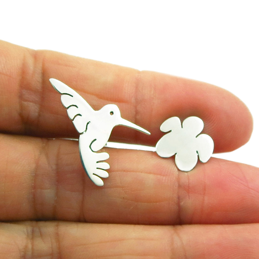 Mismatched Sterling 925 Silver Hummingbird and Flower Earrings