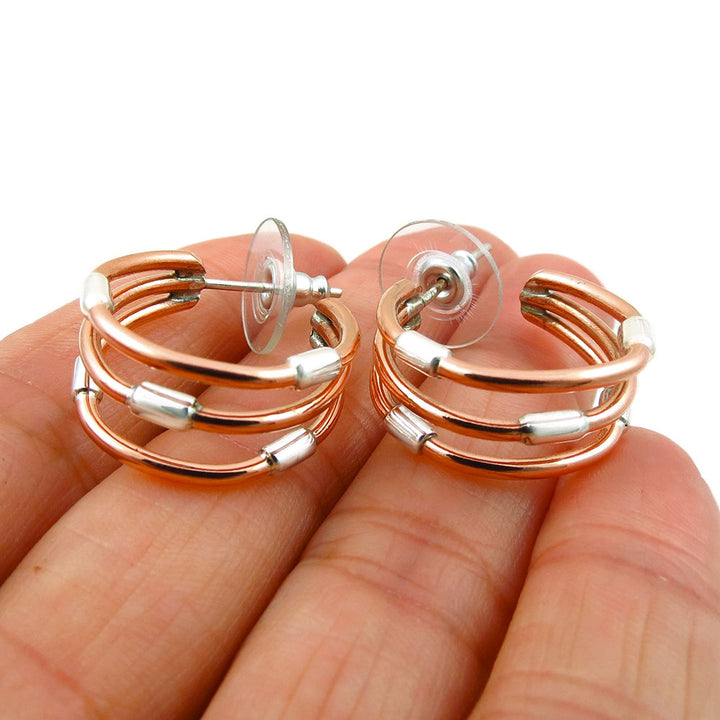 Solid Copper and 925 Silver Triple Hoop Drop Earrings