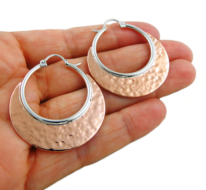 Large 925 Sterling Silver and Hammered Copper Creole Hoops Earrings