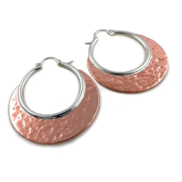 Large 925 Sterling Silver and Hammered Copper Creole Hoops Earrings