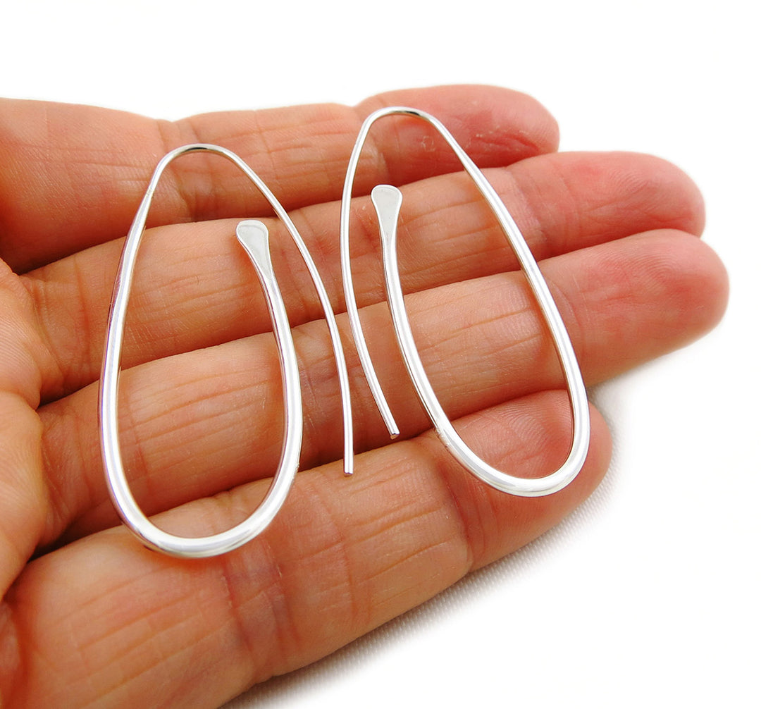 Long Sterling Silver Oval Threader Earrings for Women