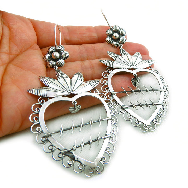 Maria Belen Taxco Sterling Silver Love Heart Dangle Earrings