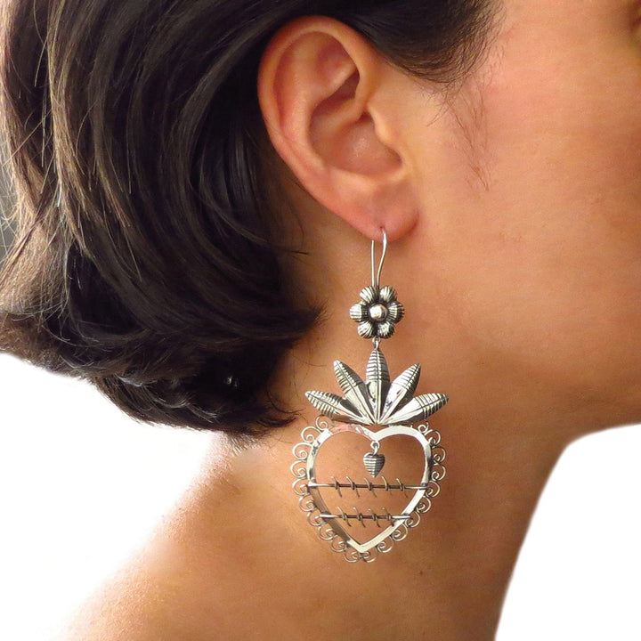 Maria Belen Taxco Sterling Silver Love Heart Dangle Earrings