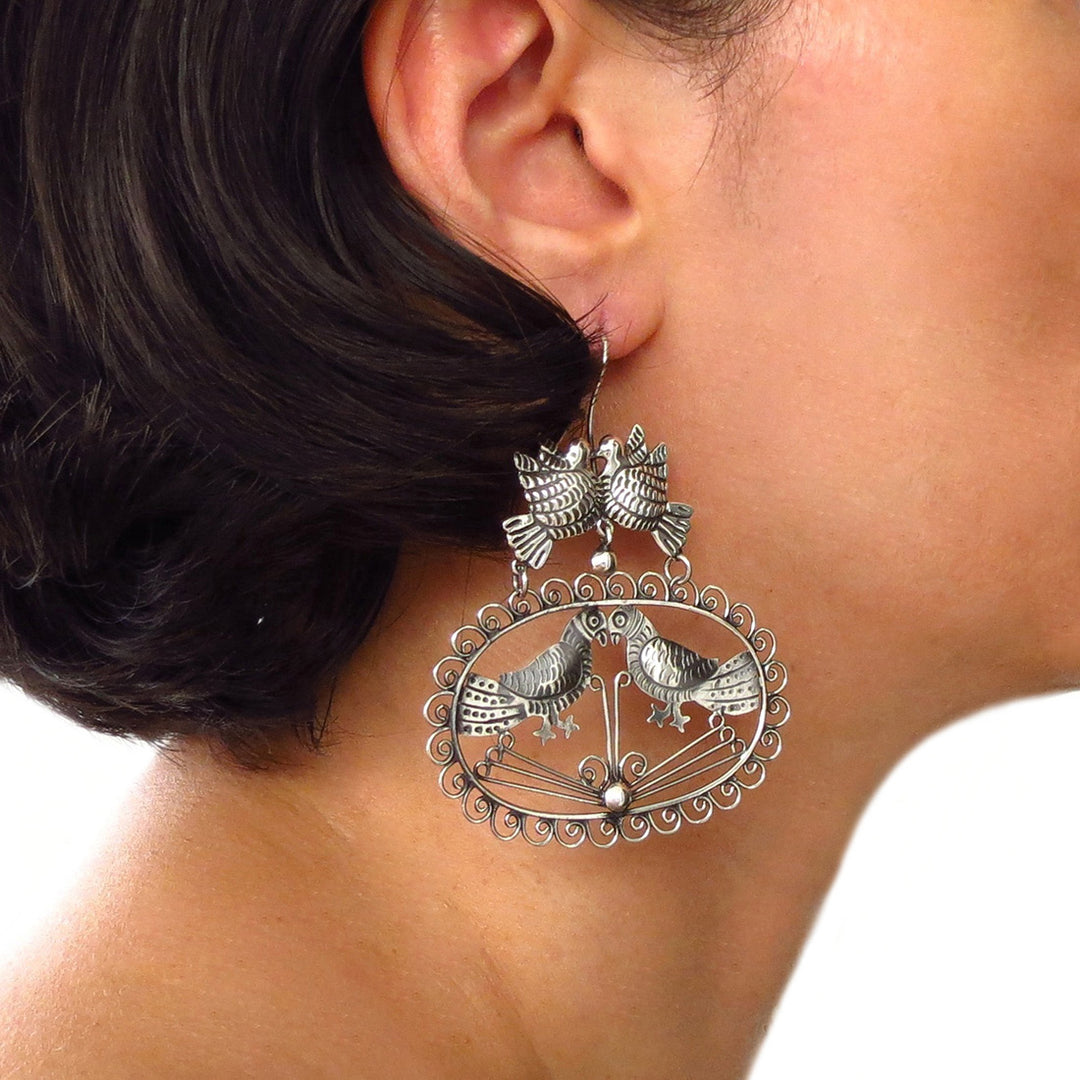 Large Sterling Handmade 925 Taxco Silver Maria Belen Lovebird Earrings