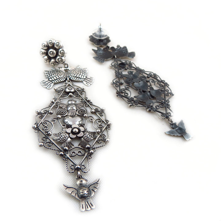 Mexican Sterling Silver Maria Belen Chandelier Lovebird Dangle Earrings