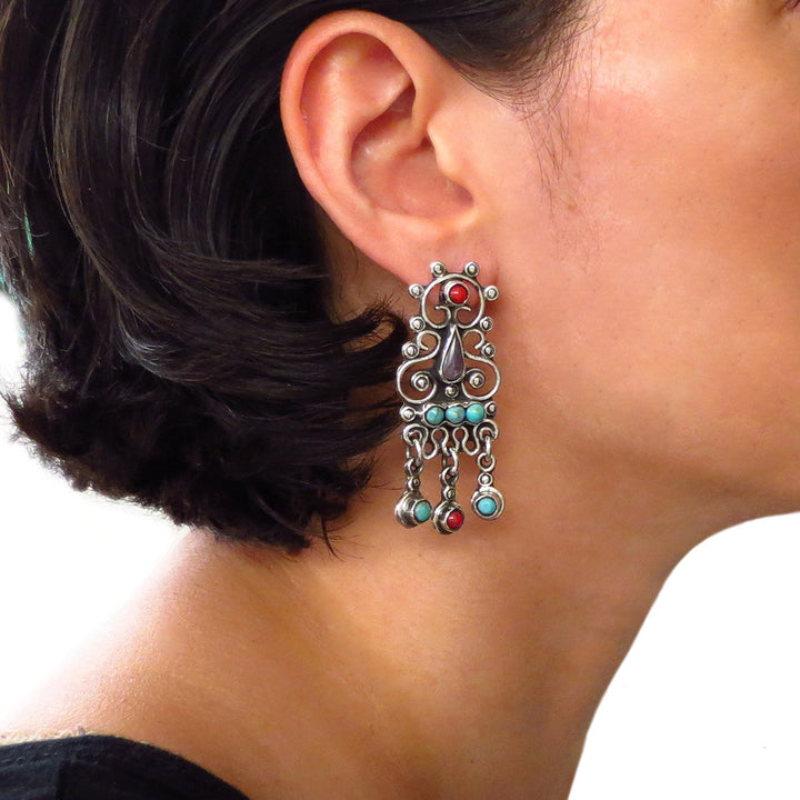Taxco Handmade 925 Sterling Silver Matl Inspired Large Drop Earrings