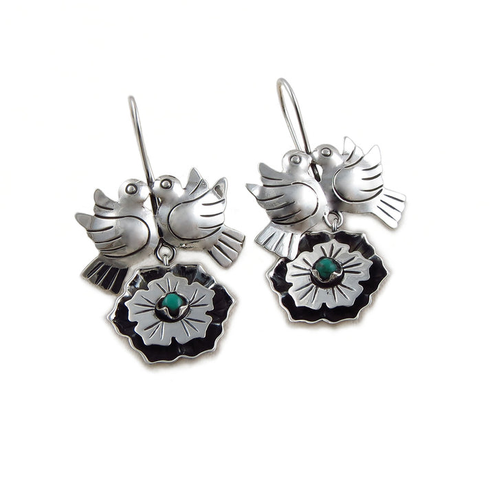 Lovebirds 925 Sterling Silver Maria Belen Taxco Handmade Flower Earrings
