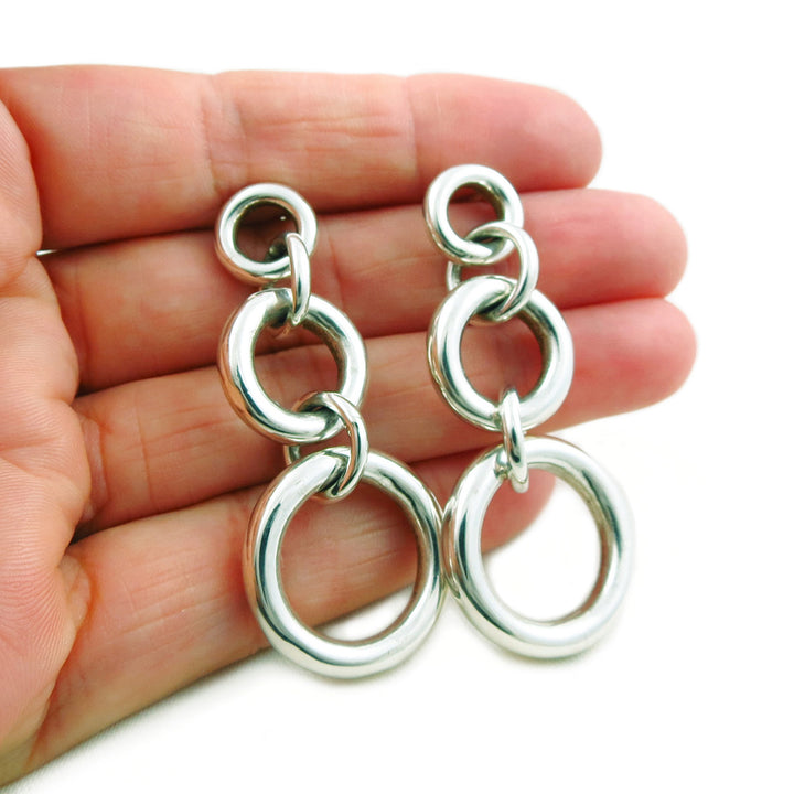 Long Triple Circle Drop 925 Sterling Silver Earrings