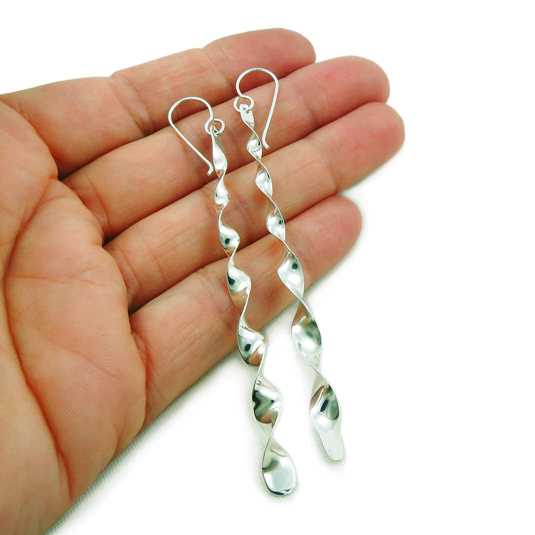 Long Handmade Spiral Sterling Silver Drop Earrings