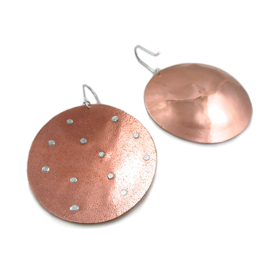 Large Hammered Copper and 925 Silver Circle Disc Earrings