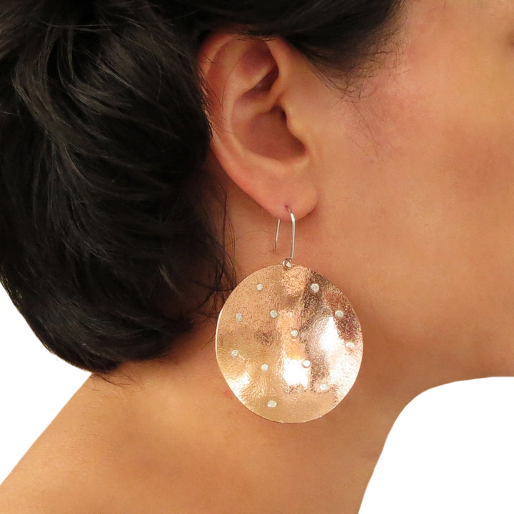 Large Hammered Copper and 925 Silver Circle Disc Earrings