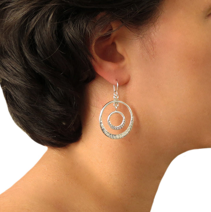 Double Circle Hoop 925 Taxco Silver Drop Earrings