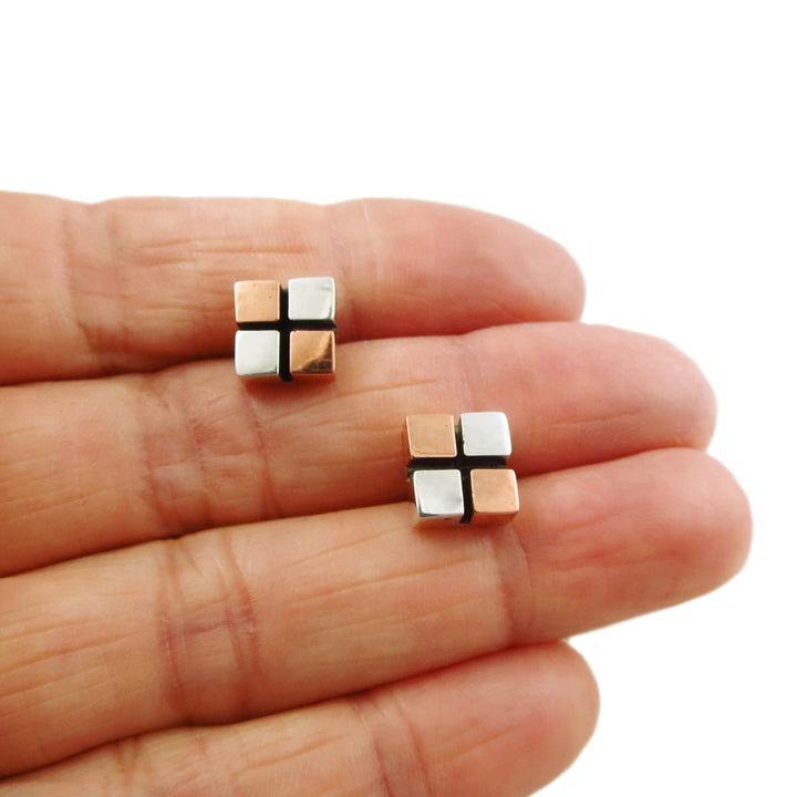 Modernist Handmade 925 Silver and Copper Square Stud Earrings