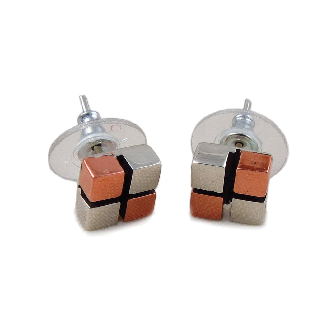Modernist Handmade 925 Silver and Copper Square Stud Earrings