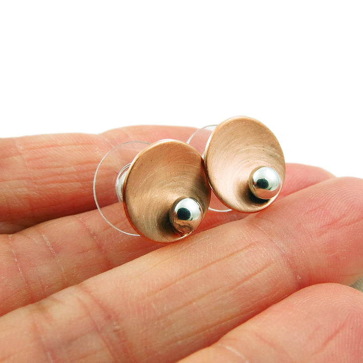 925 Silver and Brushed Copper Designer Circle Stud Earrings