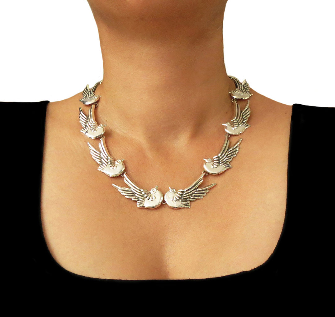 Sterling Silver Bird Dove Maria Belen Taxco Designer Necklace