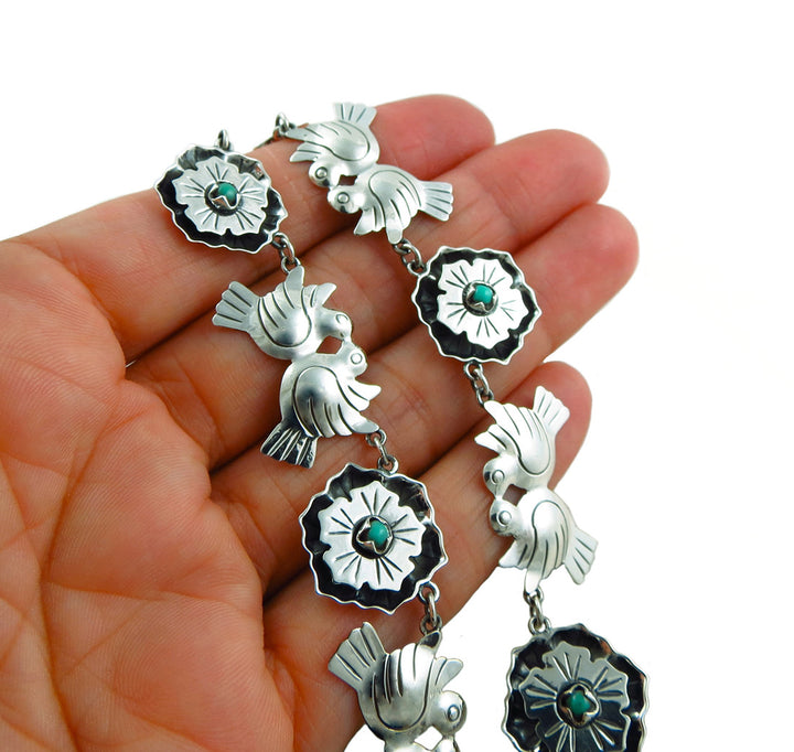 925 Sterling Taxco Silver and Turquoise Maria Belen Bird Necklace