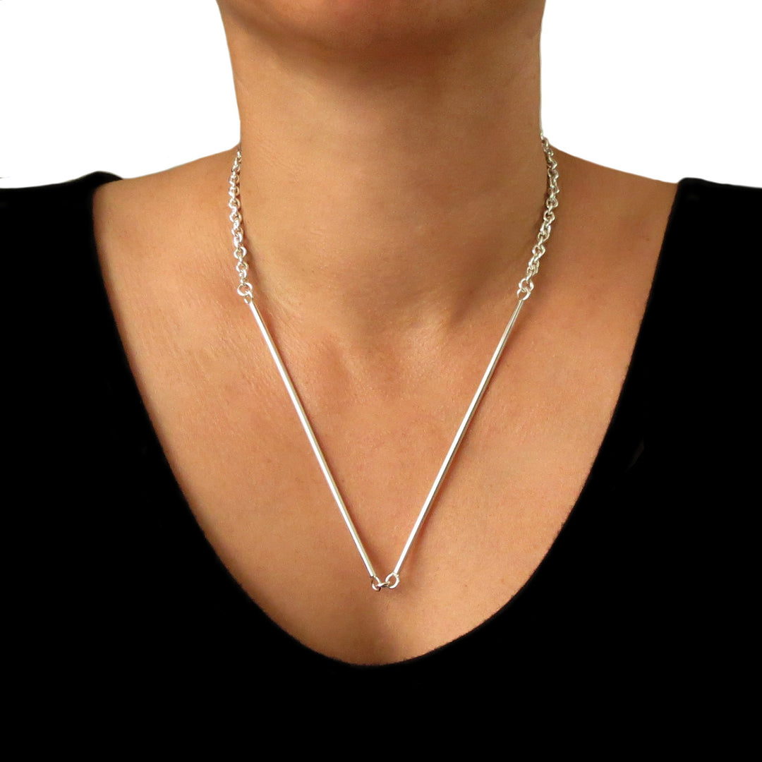 Long Solid 925 Sterling Silver Modernist Stick Necklace Gift Boxed