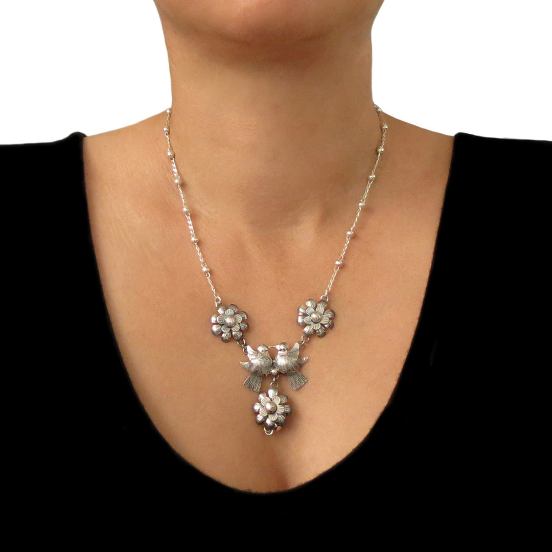 Sterling Silver Taxco Flower and Lovebirds Necklace