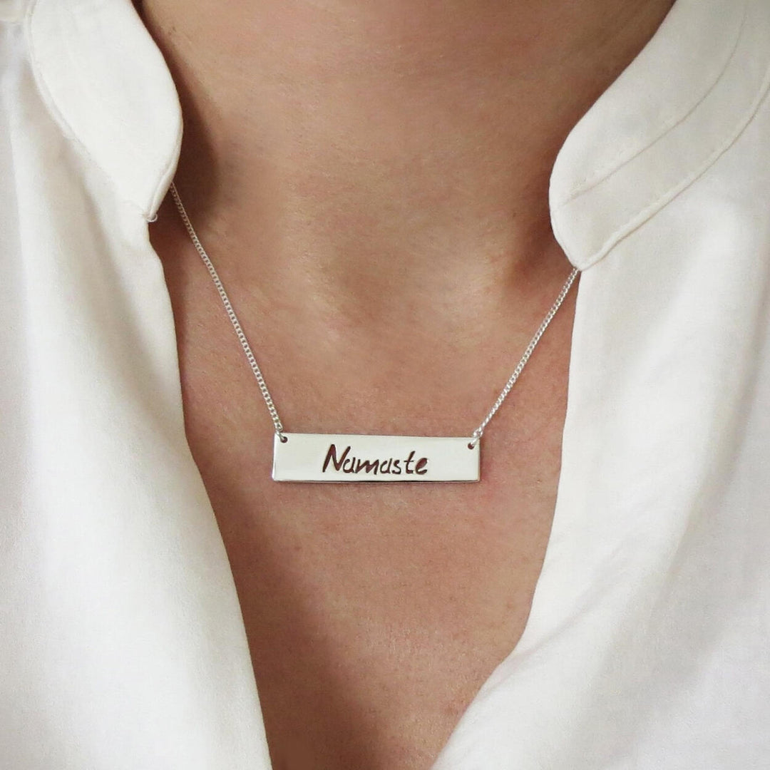 Namaste 925 Sterling Silver Bar Greeting Tag Necklace