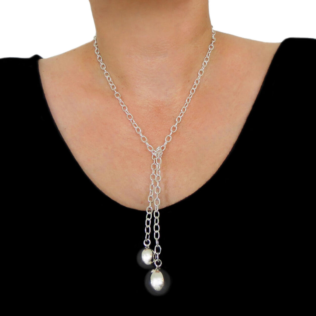 Long Open Chain Sterling 925 Silver Ball Bead Lariat Necklace