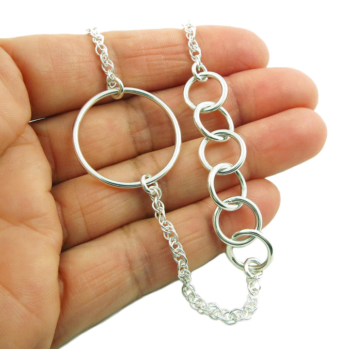 Long Women's Circle Link 925 Sterling Silver Necklace